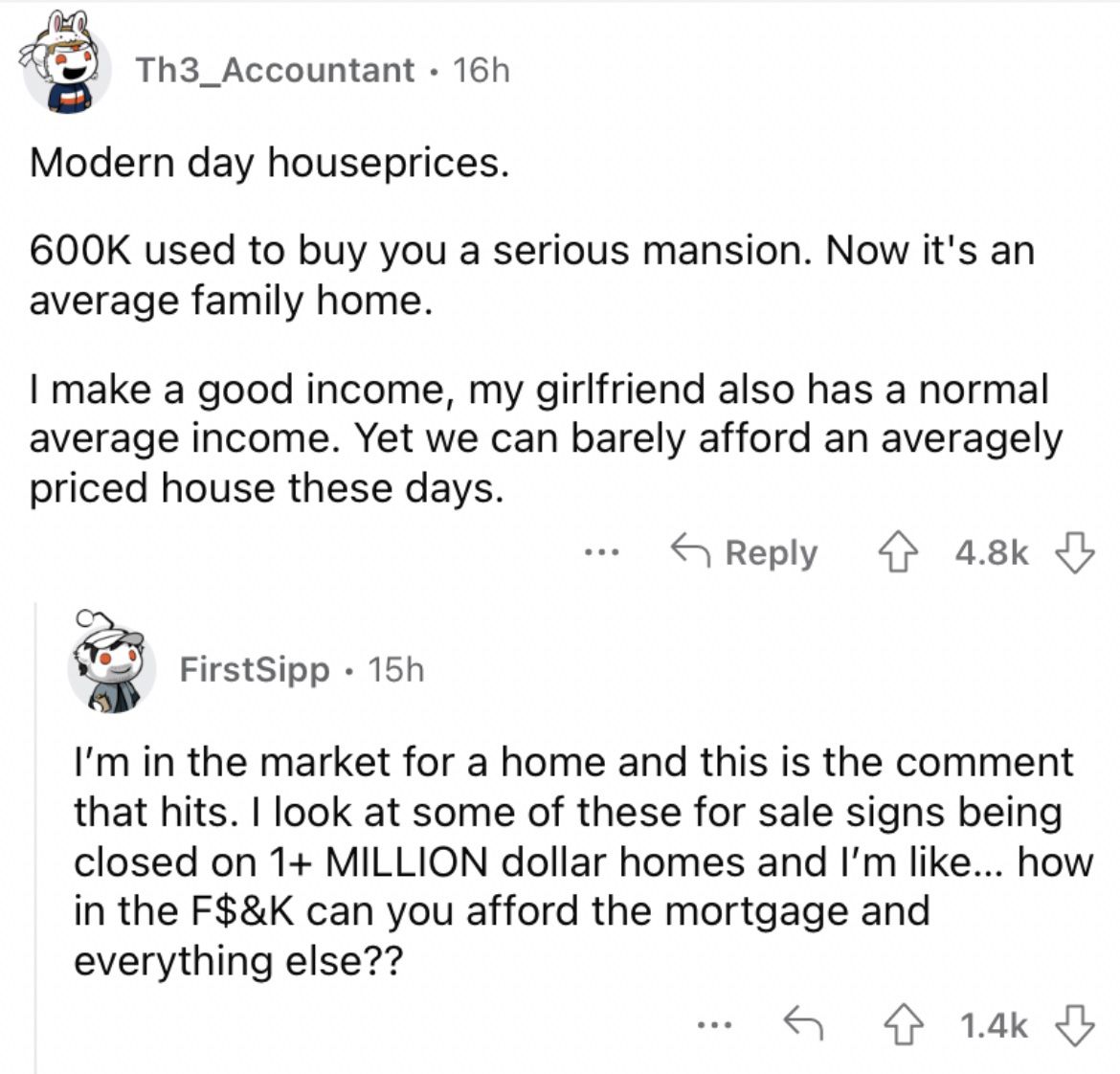 Reddit screenshot about the crazy prices of modern day homes.