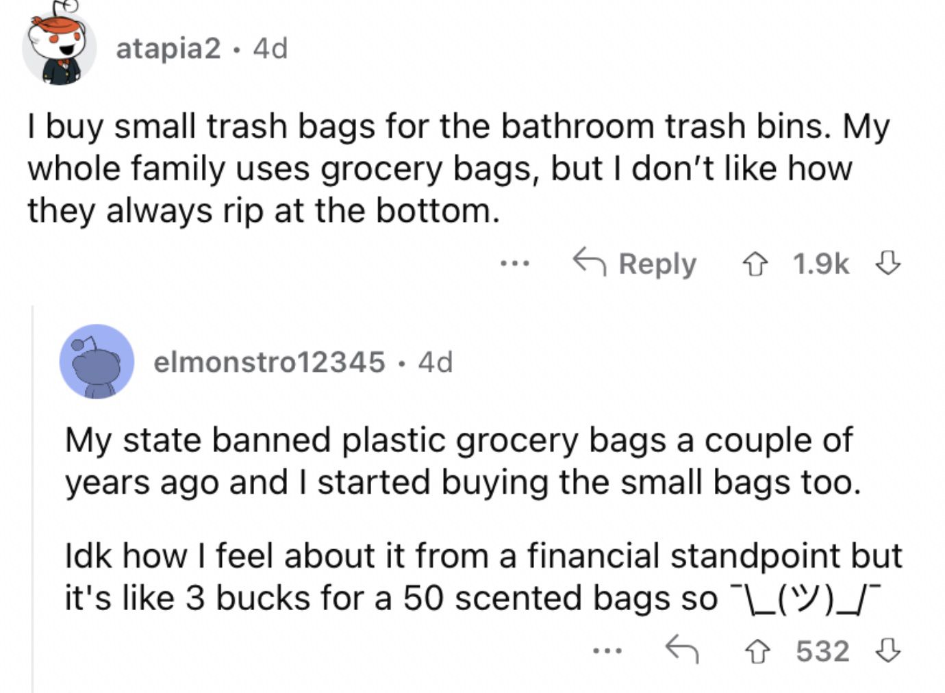 Reddit screenshot of someone talking about buying the nice and small bathroom trash bags