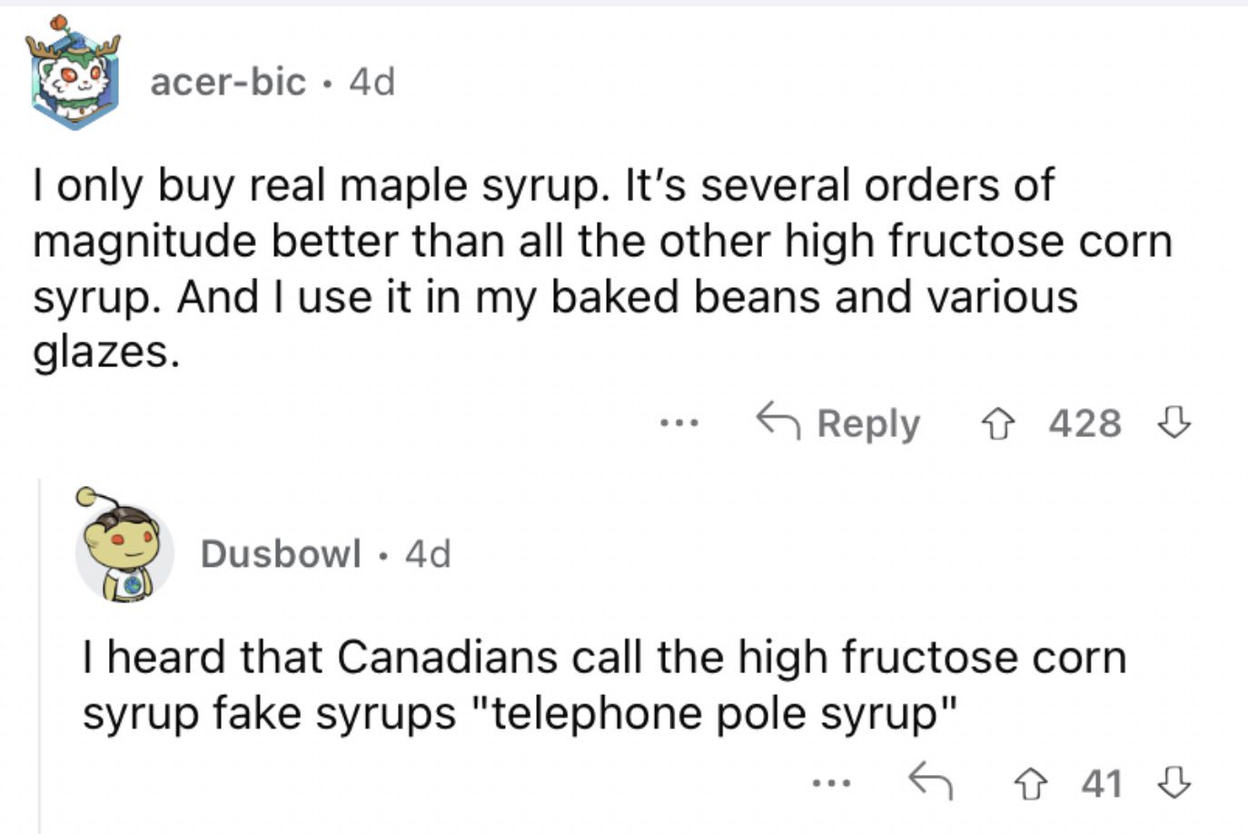 Reddit screenshot of someone talking about value of actual real maple syrup.
