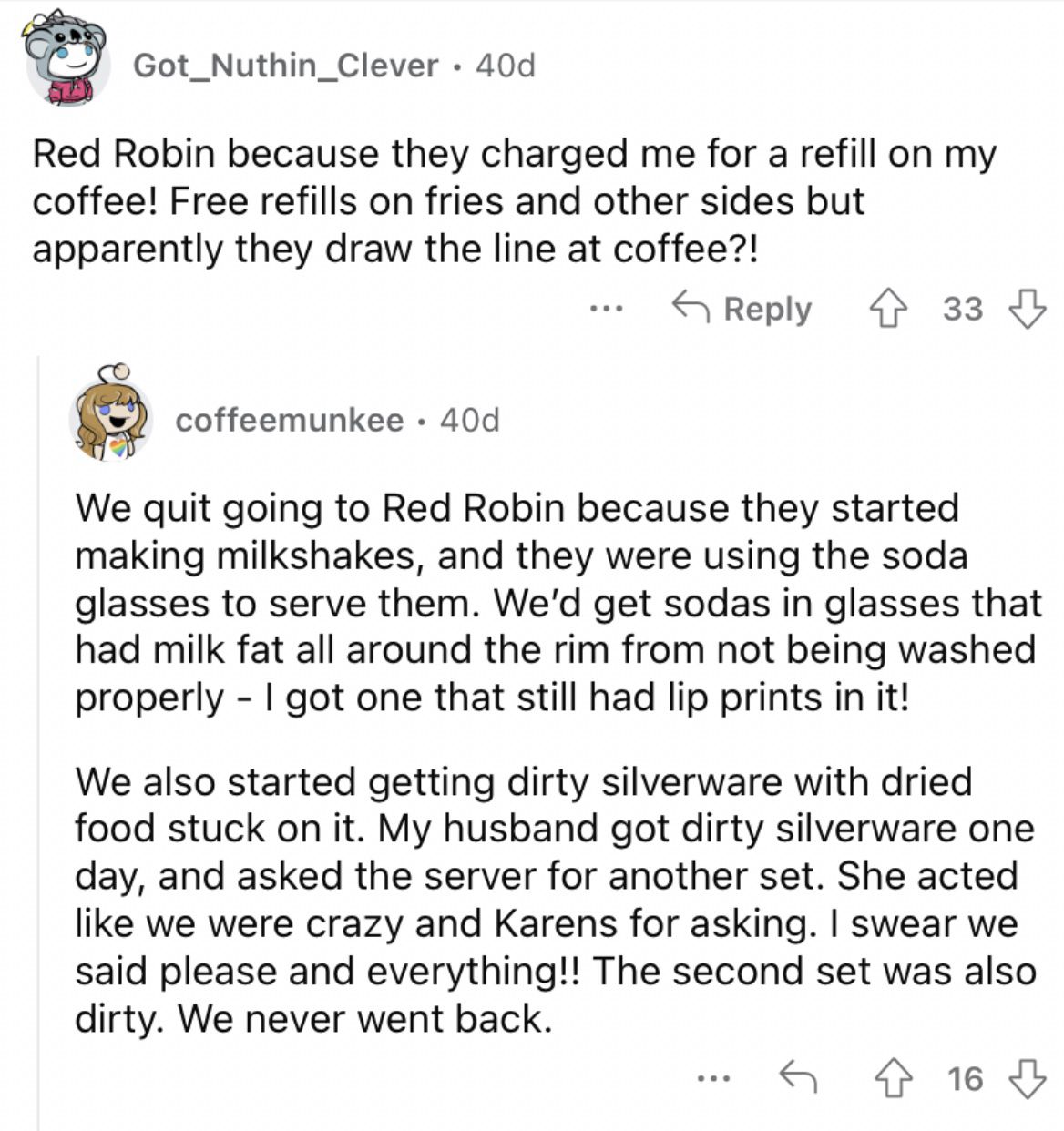Reddit screenshot about a Red Robin customer being charged for a coffee refill.