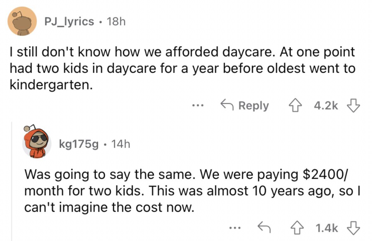 Reddit screenshot about how crazy it is that certain people can afford daycare.