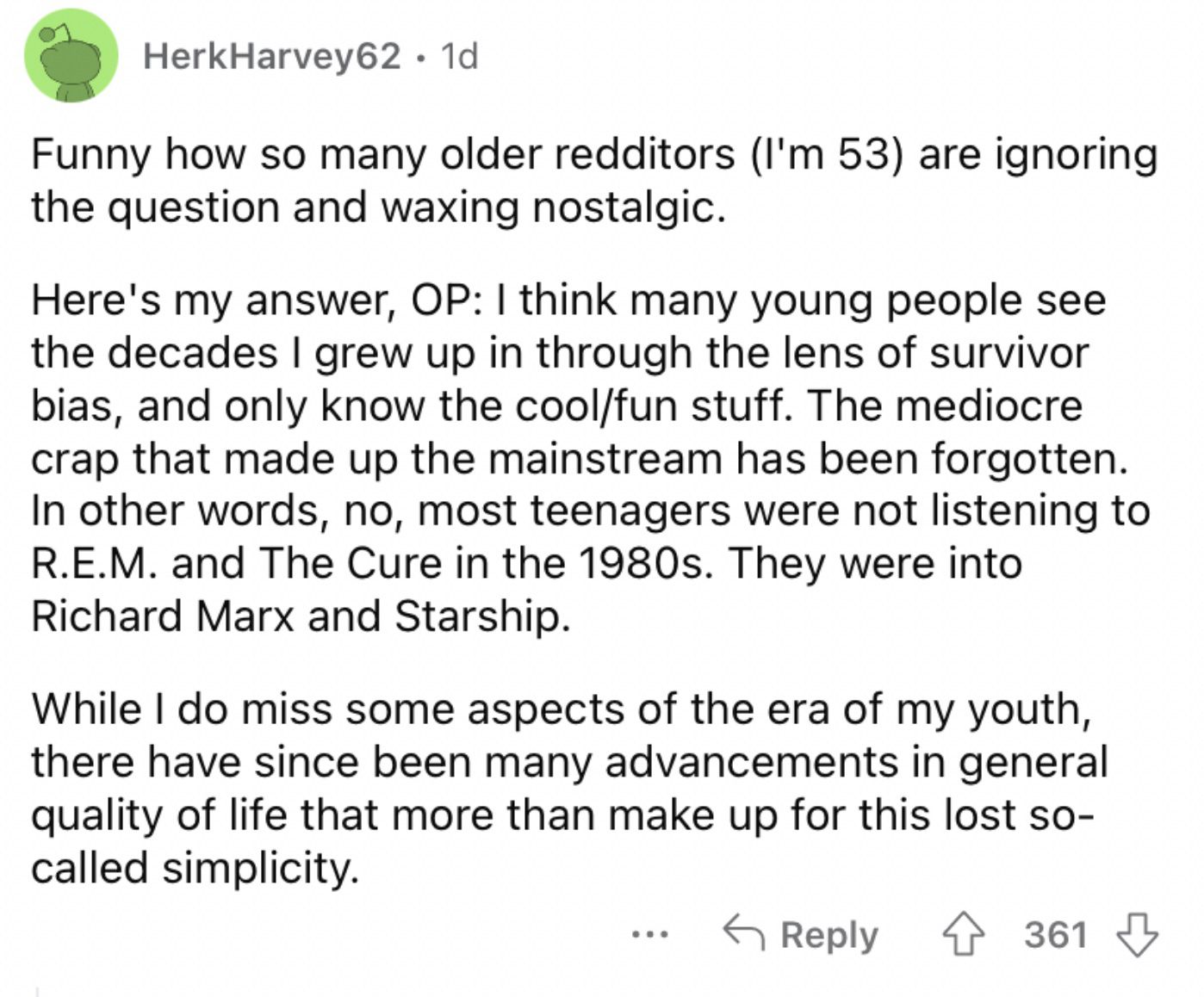 Reddit screenshot about how times have improved.