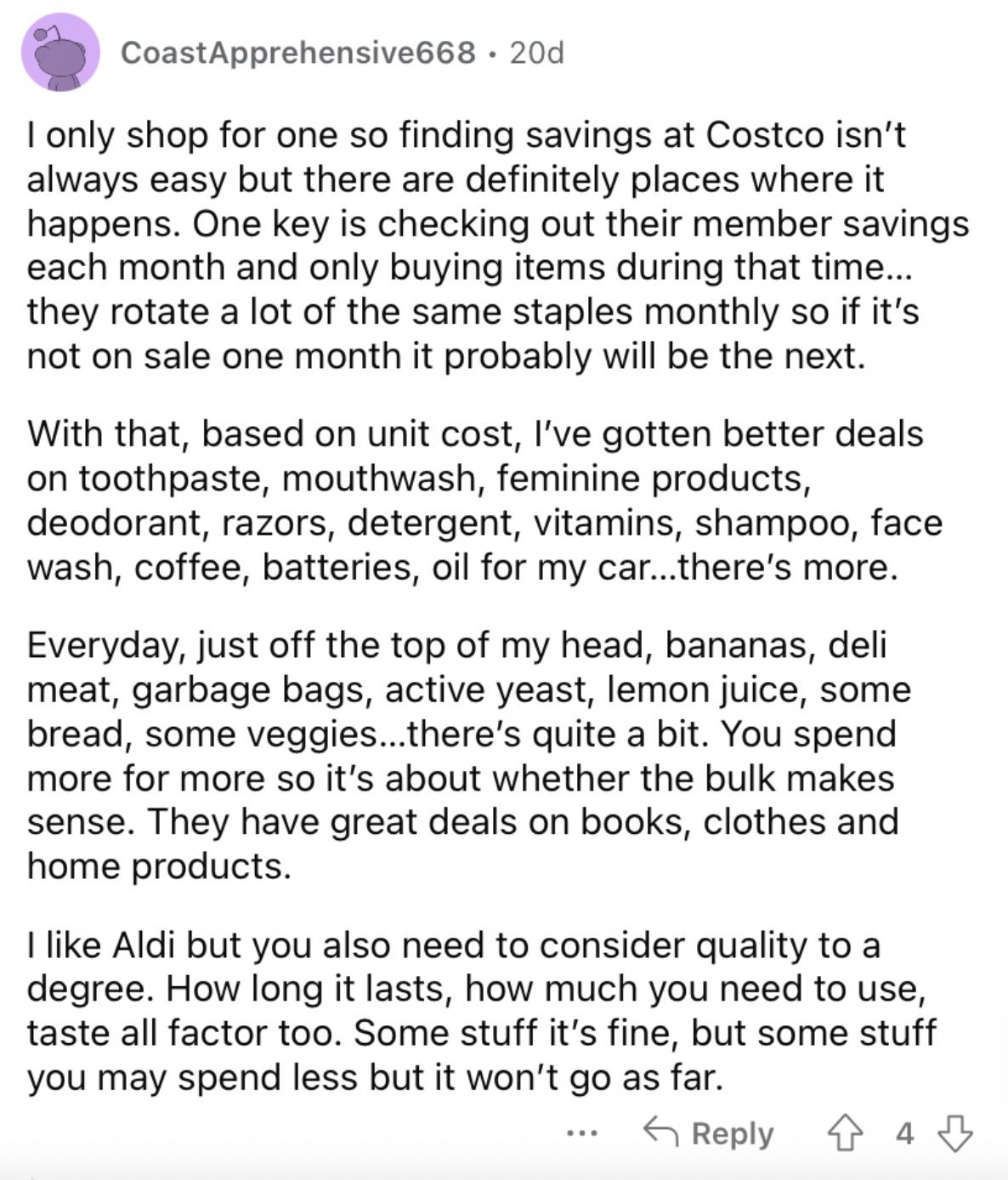 Reddit screenshot about how Costco is great if you buy in bulk.