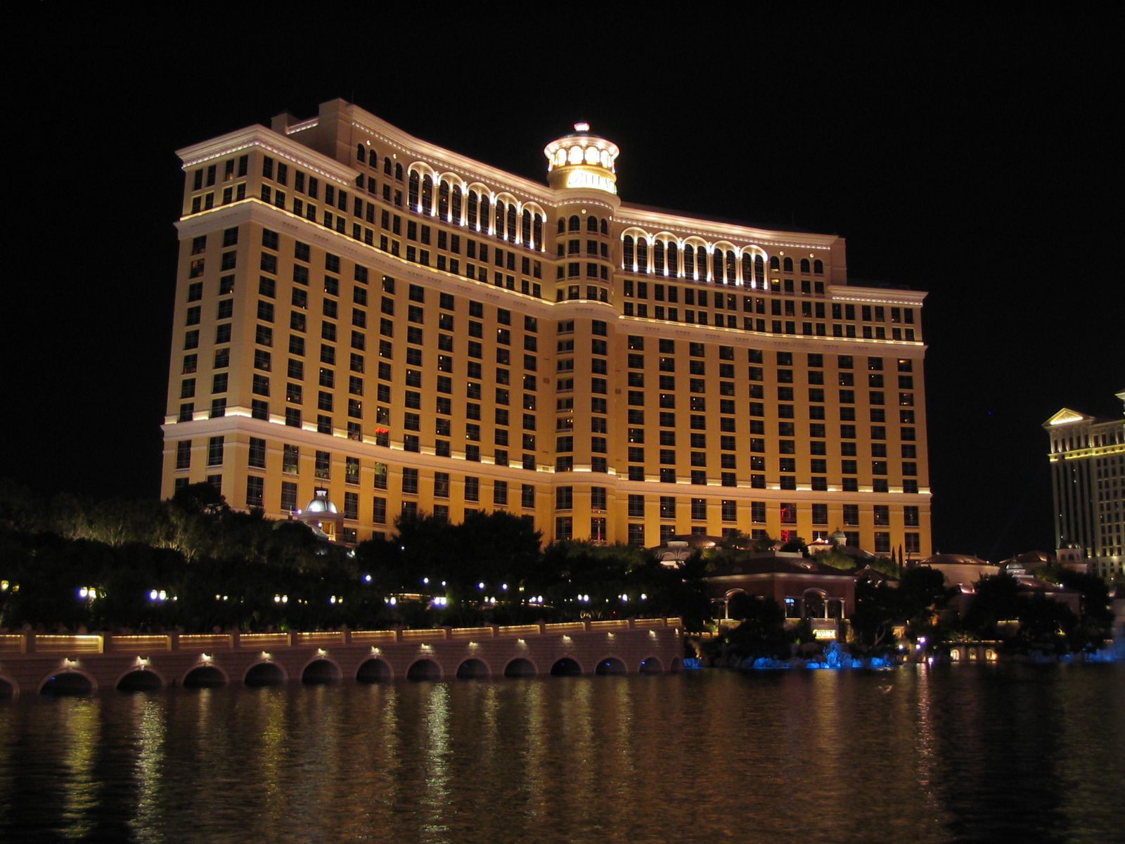 Night time shot of Bellagio Hotel and Casino.