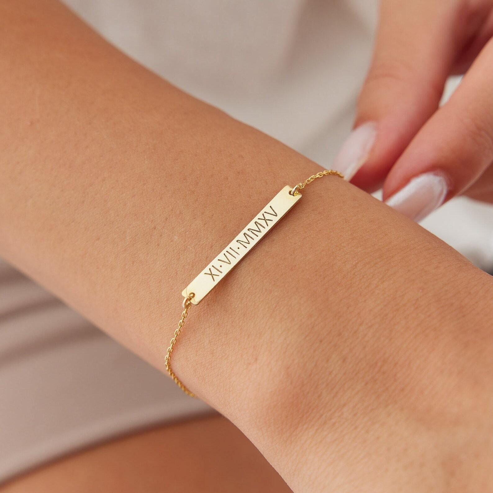 Dainty Custom Roman Numeral Bar Bracelet By dabasminimalist
