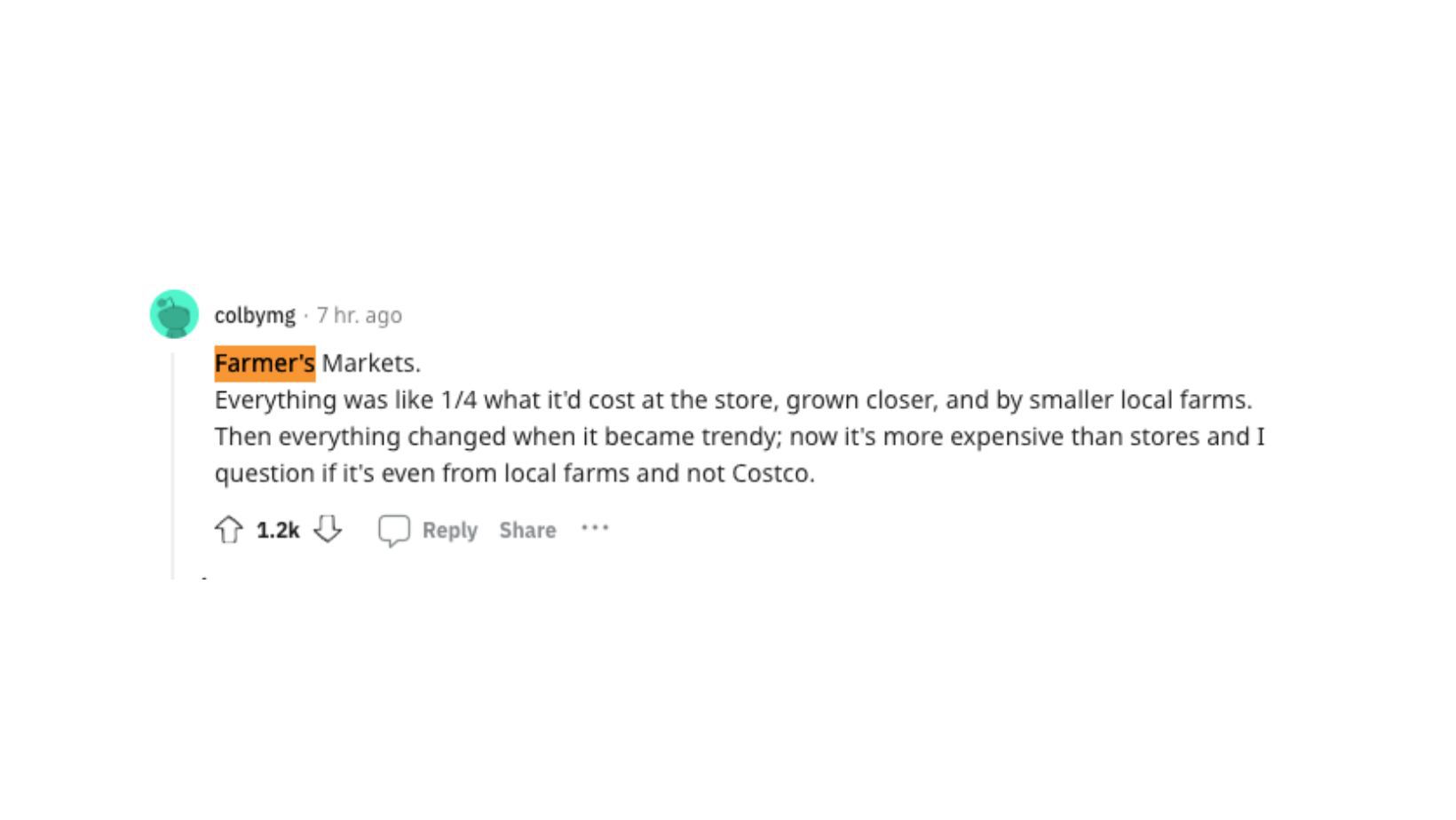Screenshot from Reddit about farmers markets