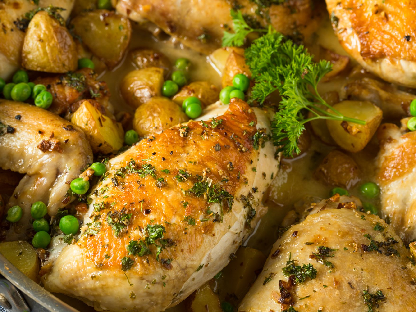 Homemade Baked Chicken Vesuvio with Peas and Potatoes