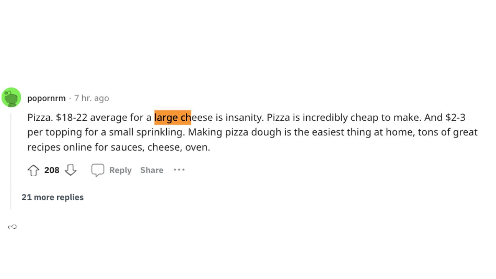 Reddit screenshot about how pizza is crazy expensive to eat out compared to making it at home.