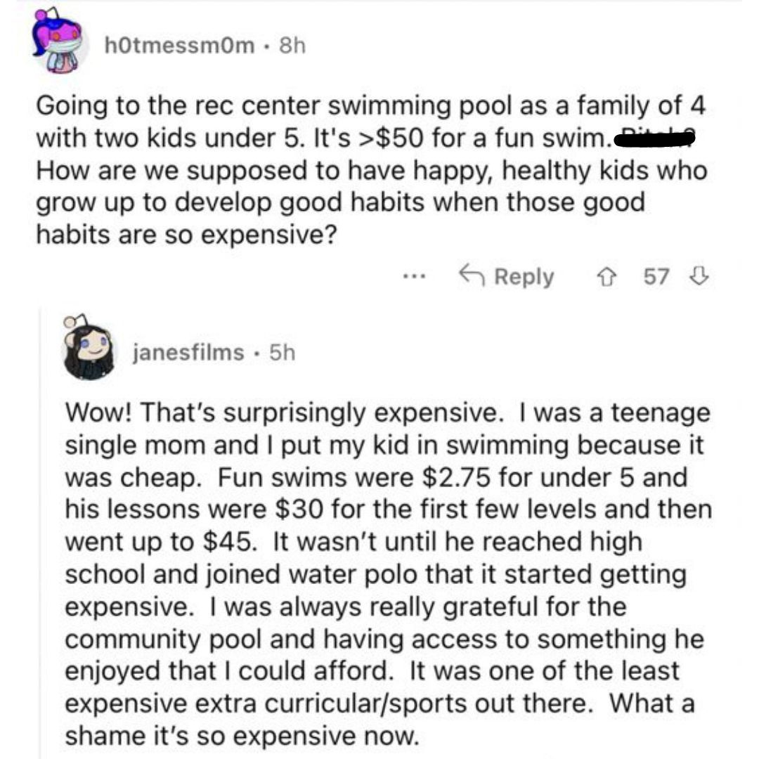 Reddit screenshot about how the rec swimming pool is pricey.