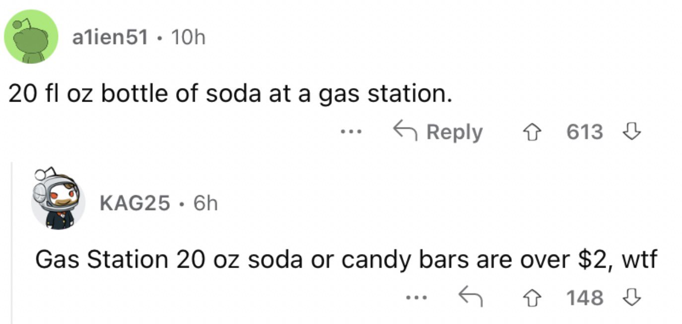 Reddit screenshot about the rising costs of snacks at a gas station.