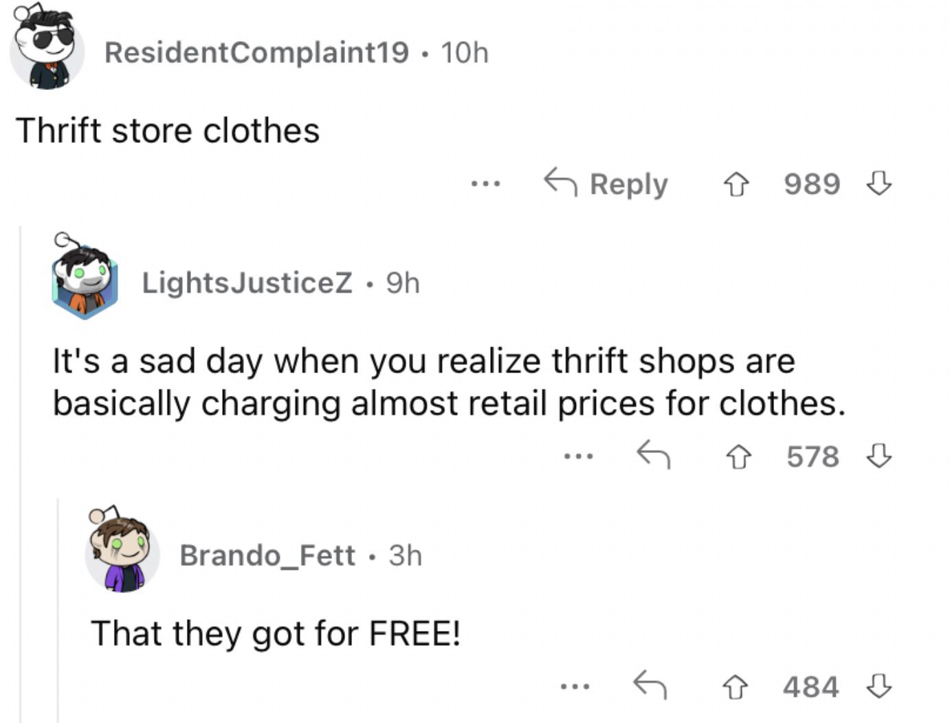 Reddit screenshot about how thrift stores aren't worth it.
