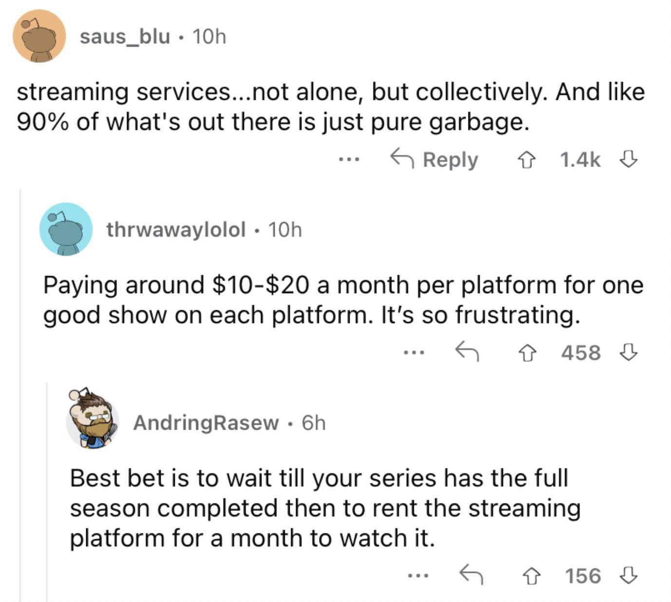 Reddit screenshot about streaming services being expensive.