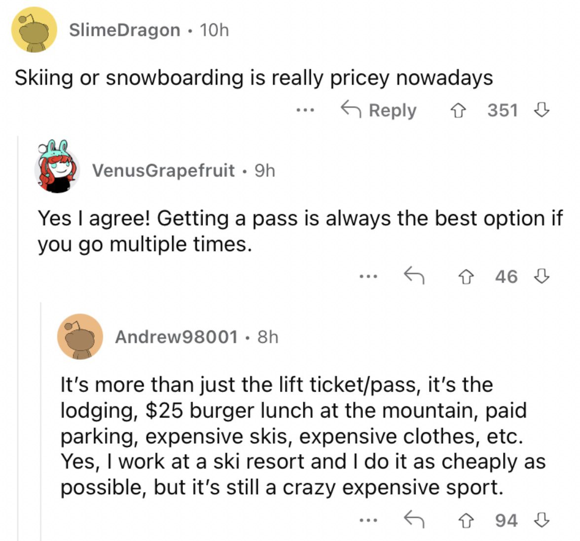 Reddit screenshot about skiing and snowboarding being expensive.