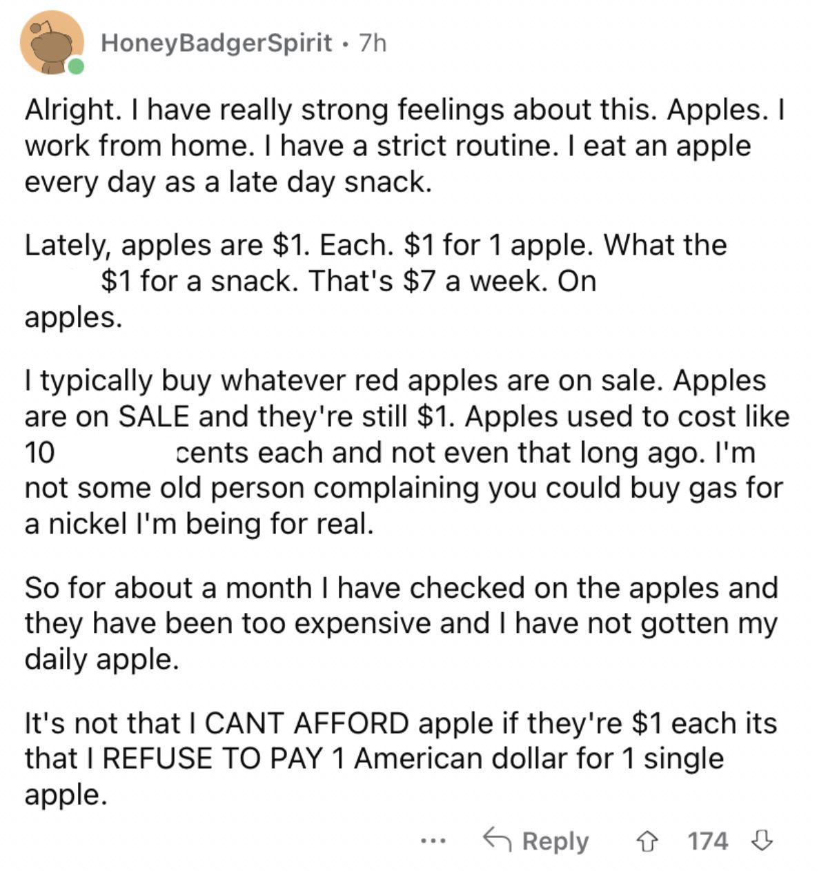 Reddit screenshot about apples being pricey.