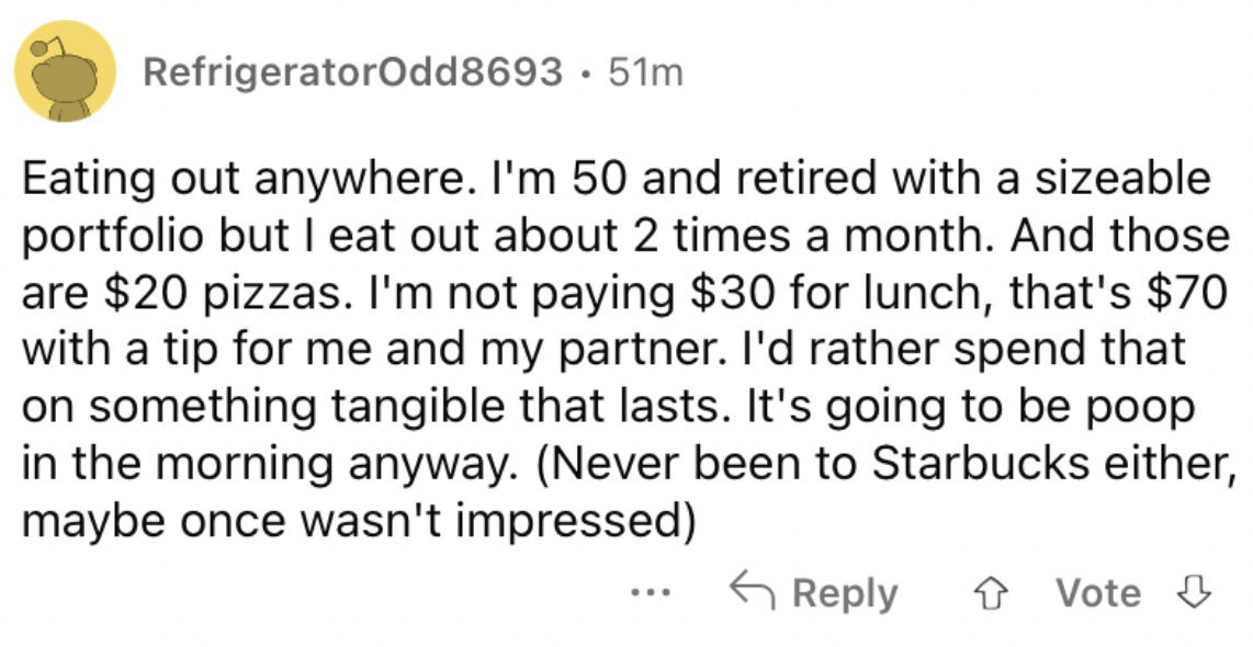 Reddit screenshot about eating out being a true luxury.