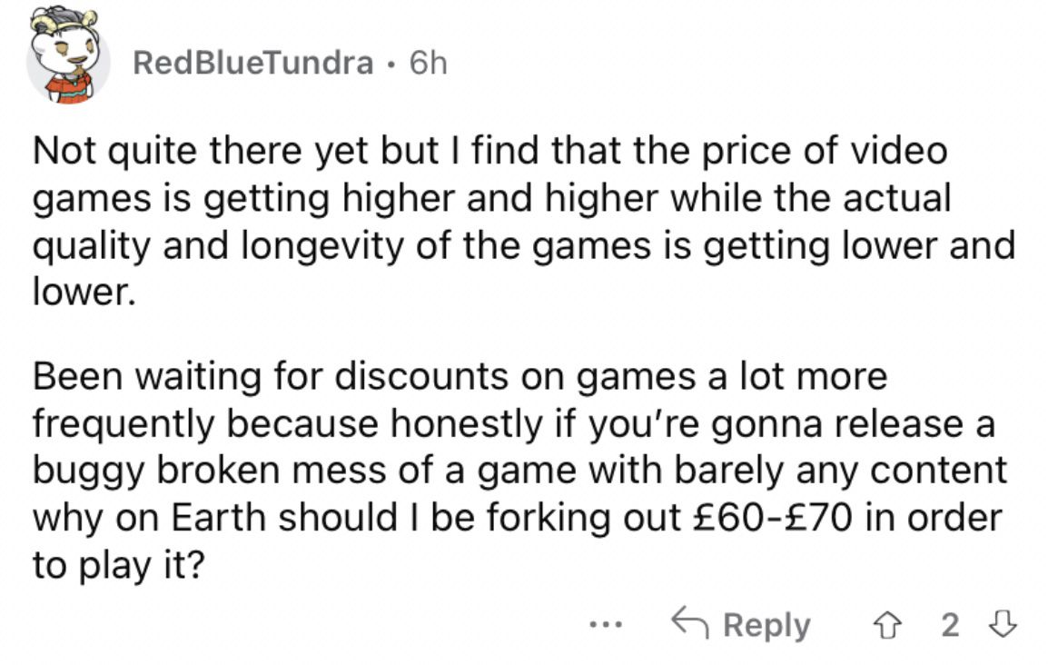 Reddit screenshot about video games being more expensive.