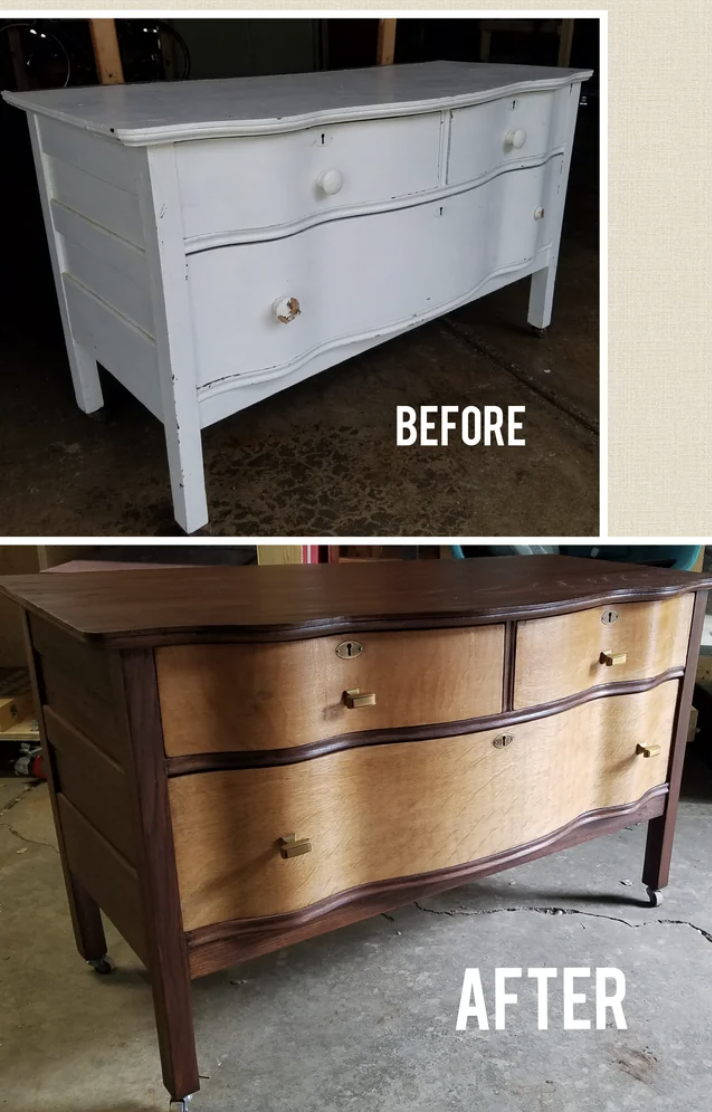 Reddit screenshot of impressively reworked dresser with shiny wood finish.