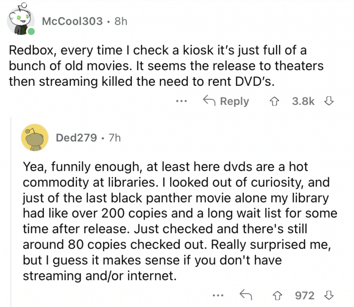 Reddit screenshot about how Redbox is irrelevant nowadays.