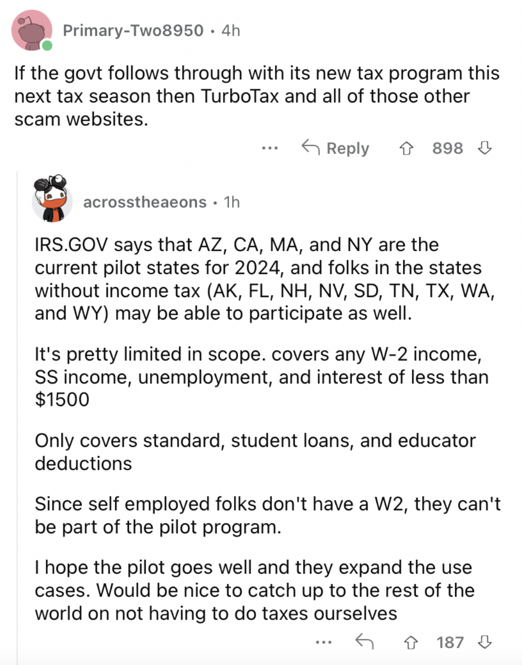 Reddit screenshot about government following through with tax help.
