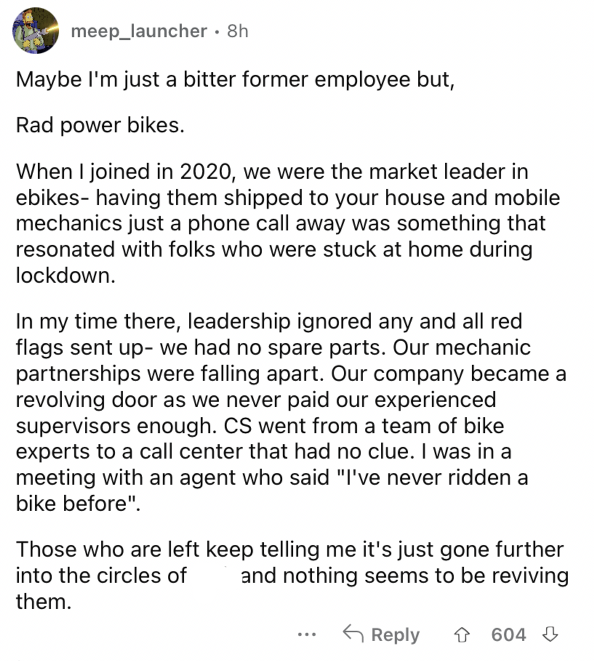 Reddit screenshot about how Rad powerbikes could be doomed as a business.