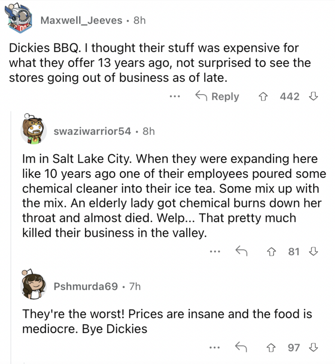 Reddit screenshot about how Dickies BBQ is terrible.