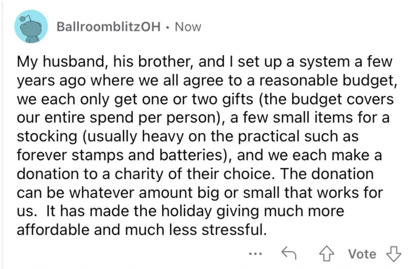 Reddit screenshot on the value of stocking stuffers.