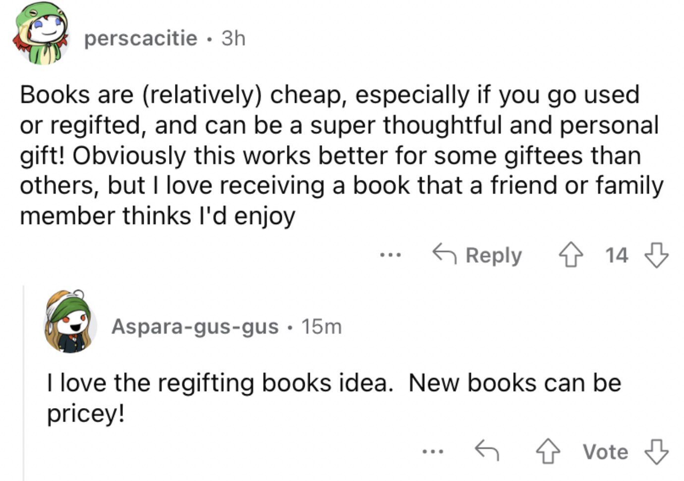 Reddit screenshot on the value of regifting books.