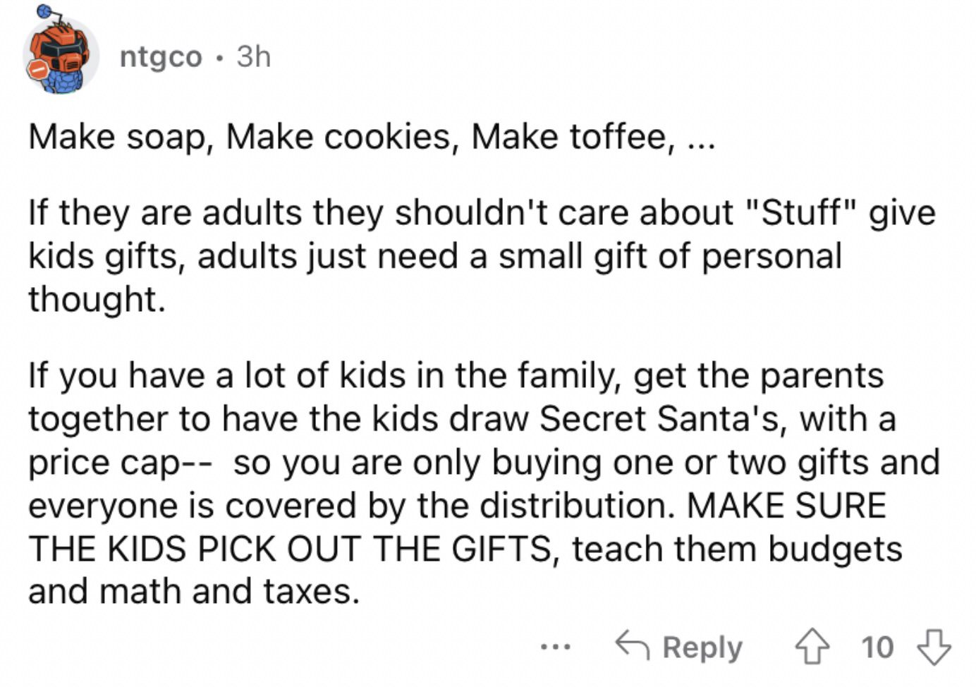 Reddit screenshot about the value of homemade gifts.