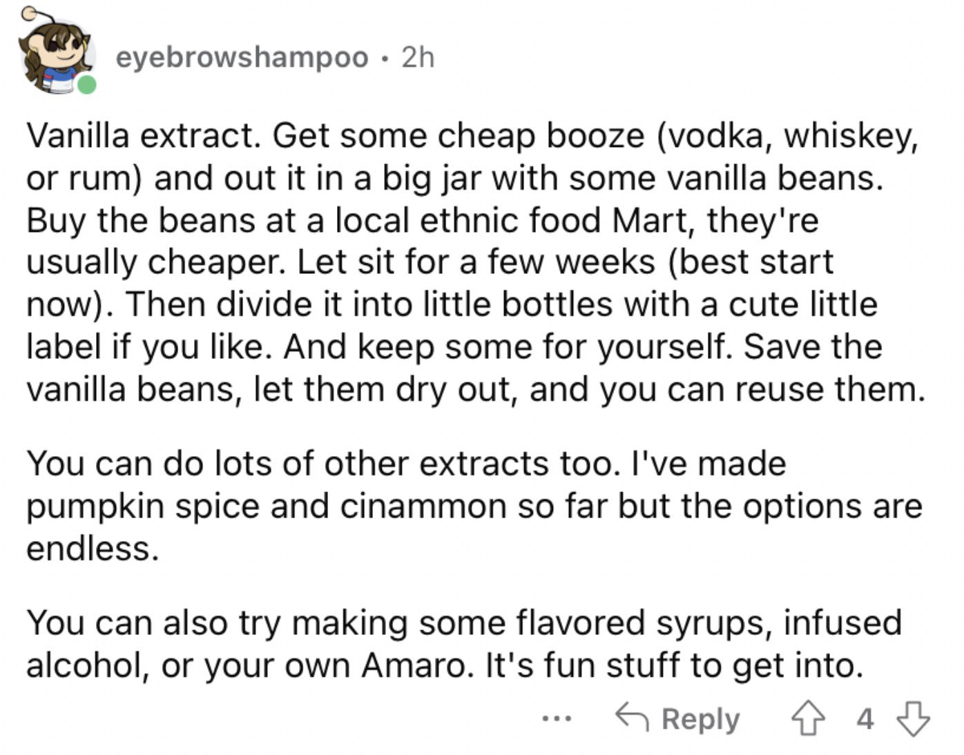 Reddit screenshot about making homemade vanilla extract.