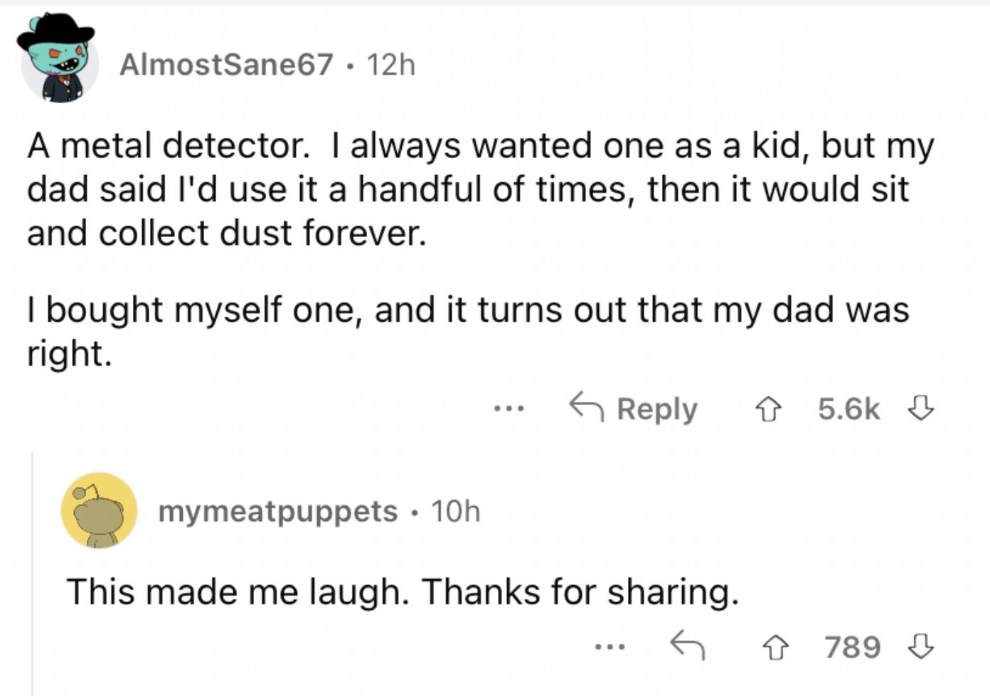 Reddit screenshot about buying a metal detector upon growing up.