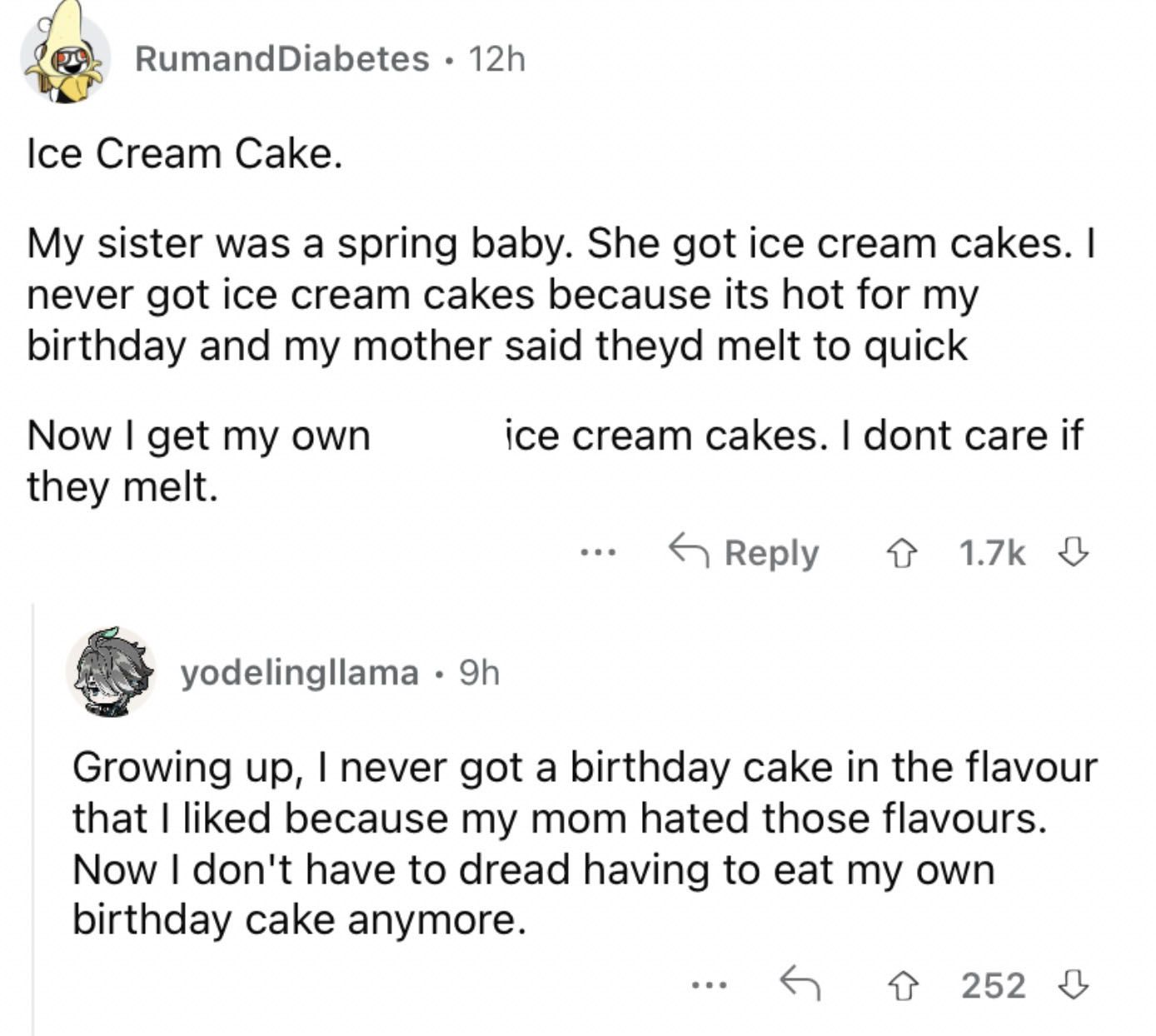 Reddit screenshot about the glory that is getting your own ice cream cake.