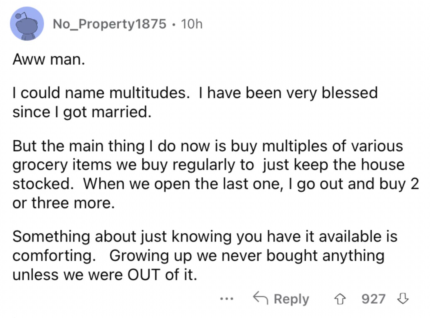 Reddit screenshot about being able to buy all the groceries.