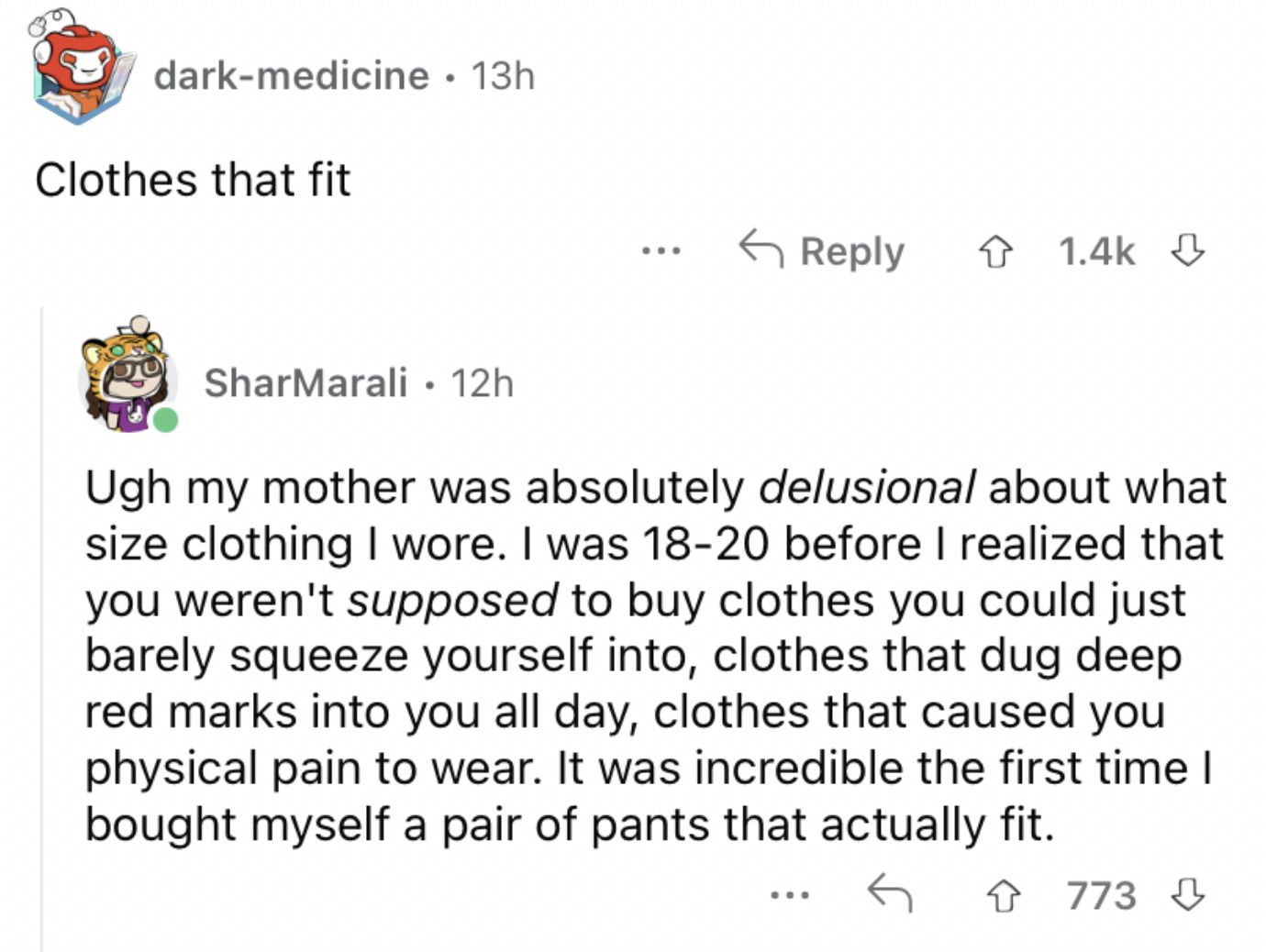 Reddit screenshot about being able to buy clothes that fit.