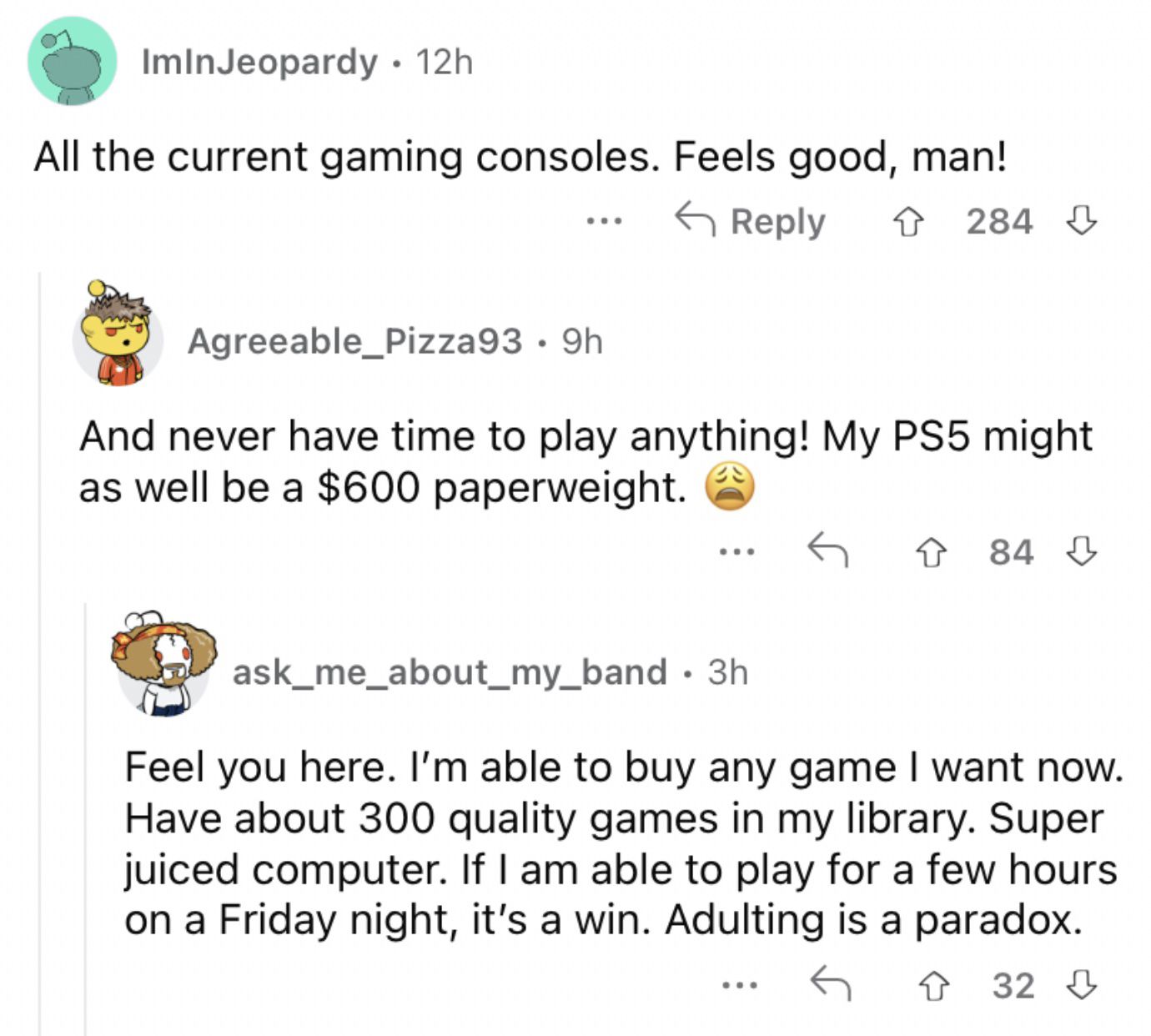 Reddit screenshot about being able to buy all the video game consoles after growing up.