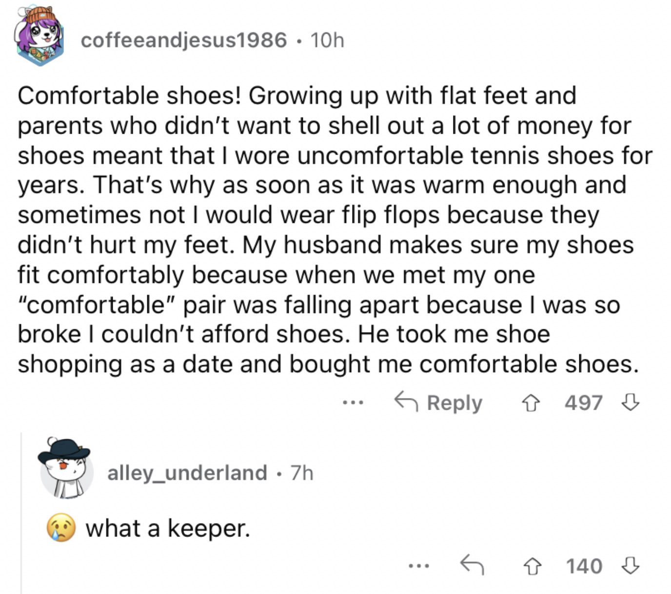 Reddit screenshot about the value of comfortable shoes.