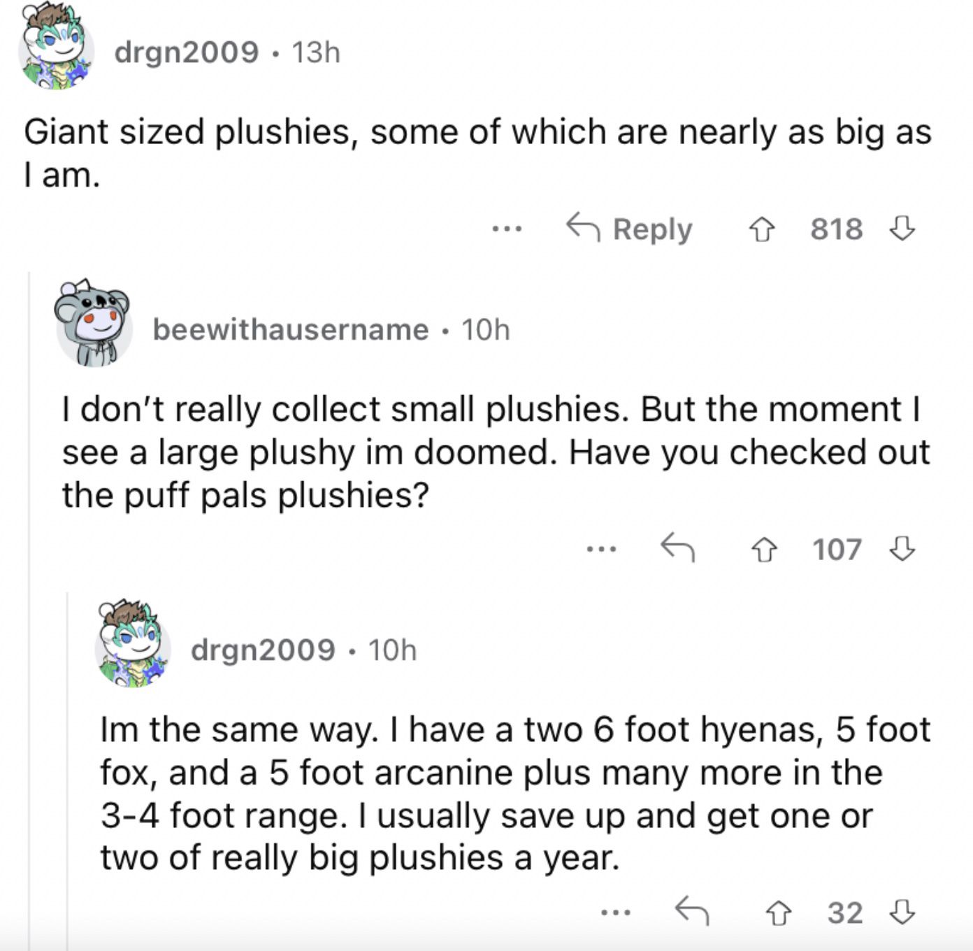 Reddit screenshot about buying giant plushies after growing up.