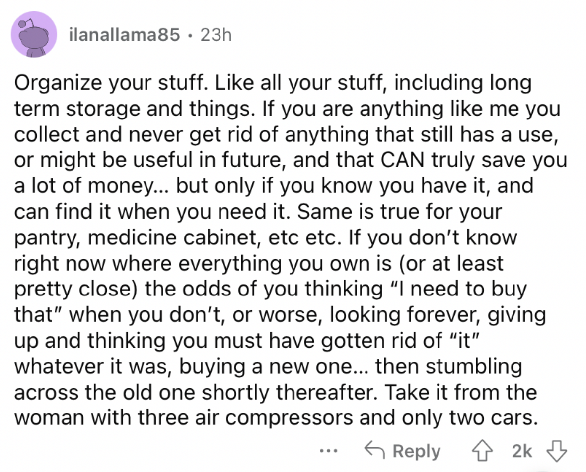 Reddit screenshot on the value of organizing your stuff.