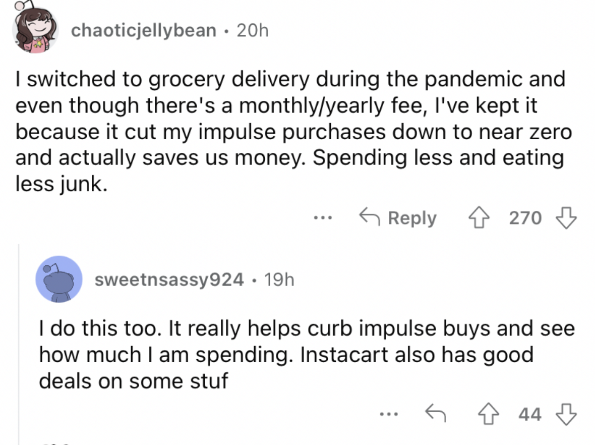 Reddit screenshot on the value of grocery delivery.