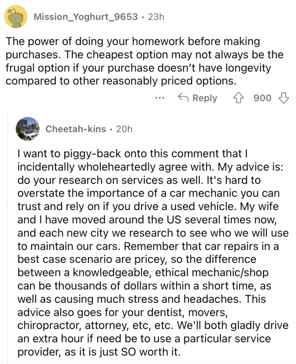 Reddit screenshot on the value of researching your future purchases.