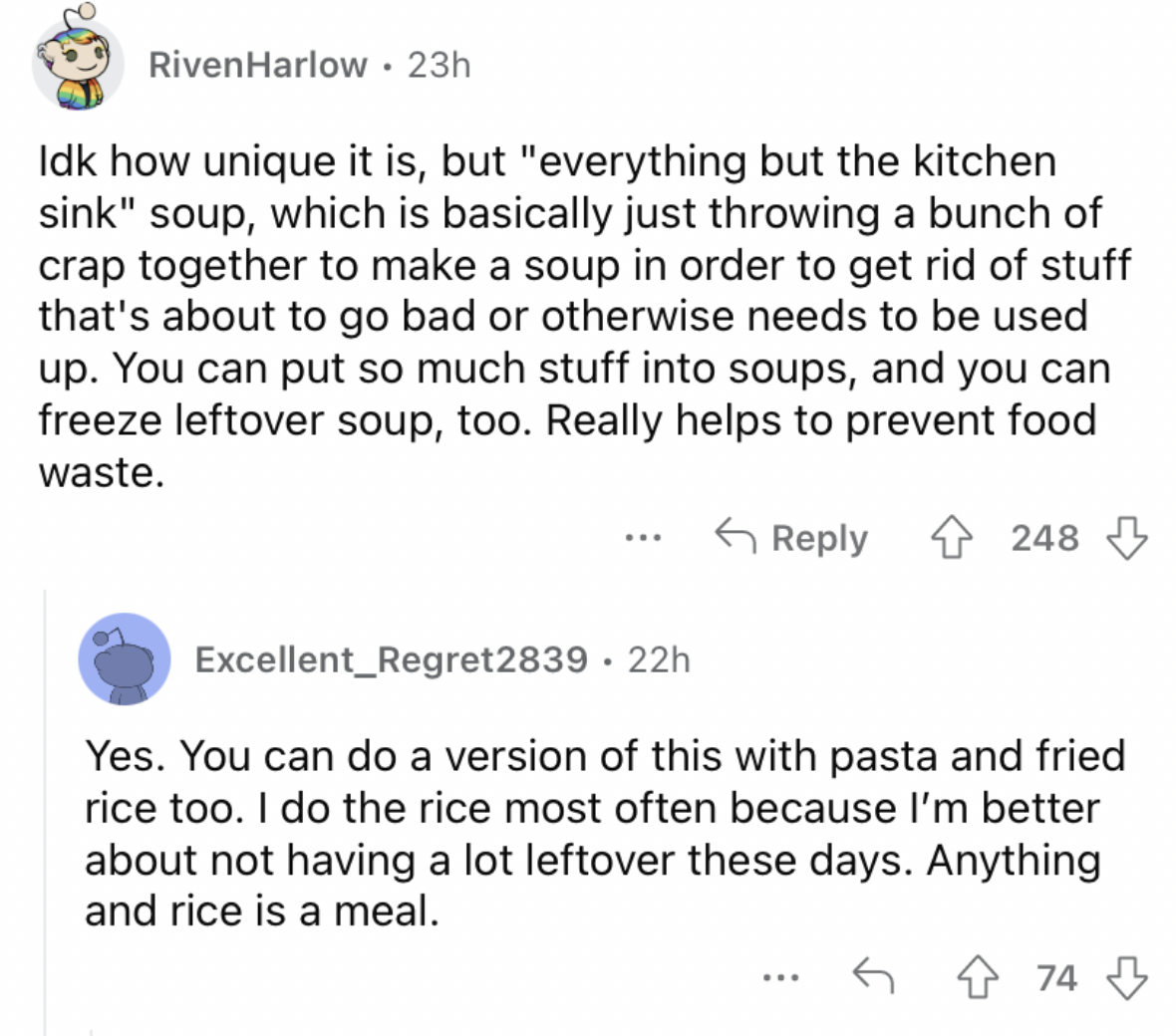 Reddit screenshot on using all of your leftover food for a soup.