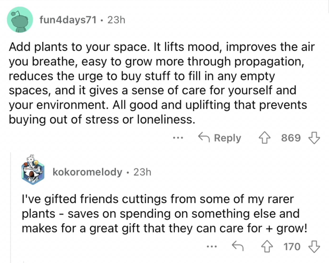 Reddit screenshot on the value of adding plants to your living space.