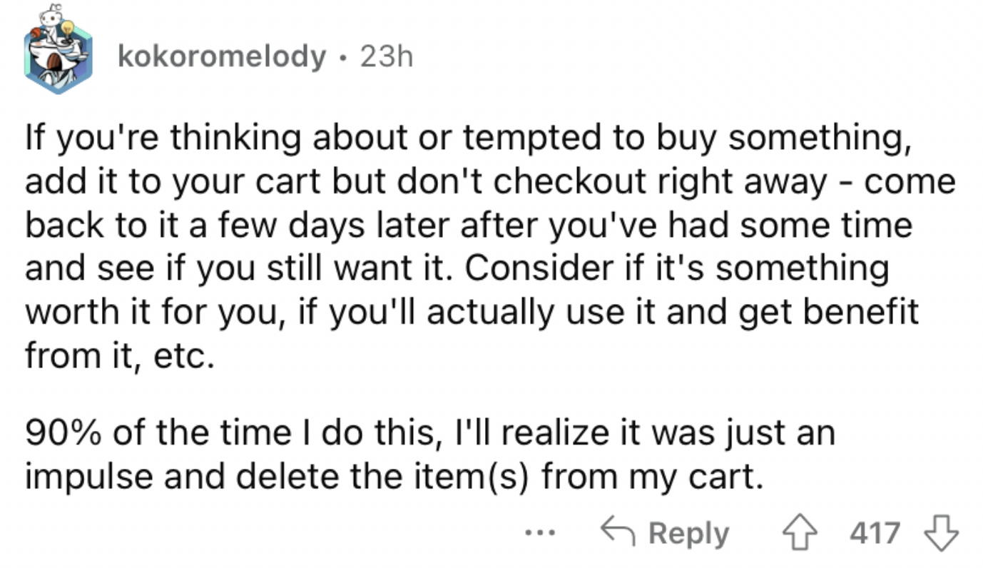 Reddit screenshot on not buying something right away.