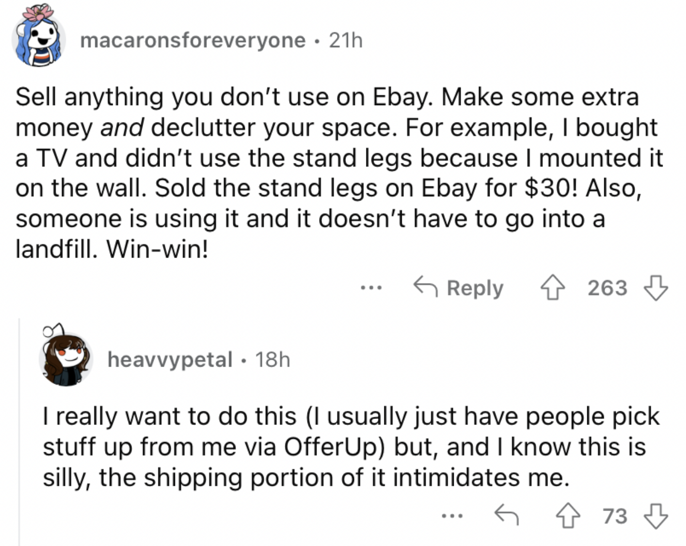 Reddit screenshot on the value of selling your old goods on eBay.