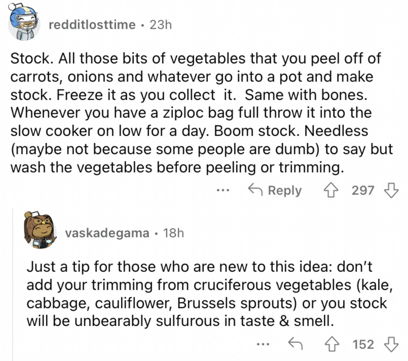Reddit screenshot on making homemade stock.