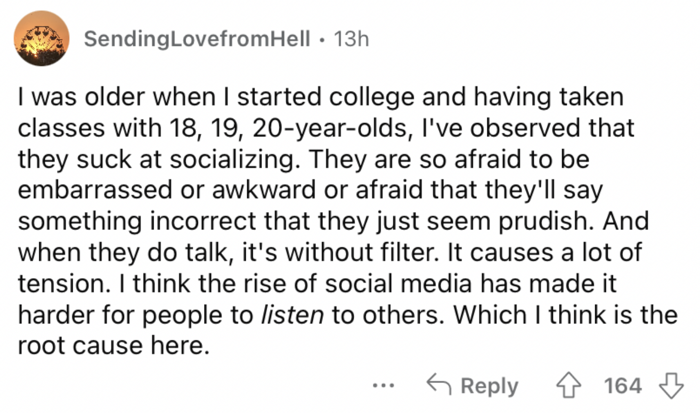 Reddit screenshot about Gen Z being bad at socializing.