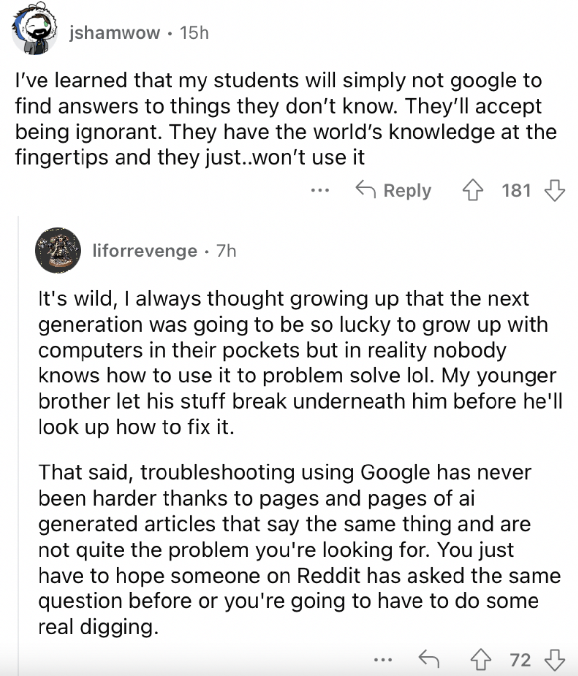 Reddit screenshot about Google not being used.