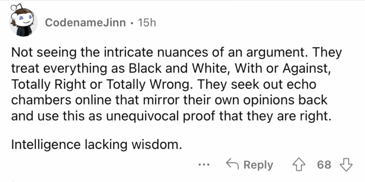 Reddit screenshot about intelligence lacking wisdom.