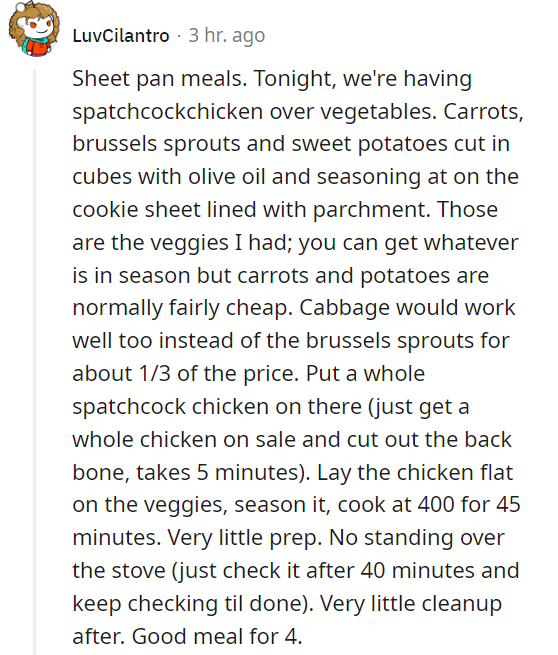 reddit screenshot of low-effort recipes to try