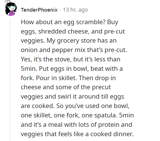 reddit screenshot of low-effort recipes to try