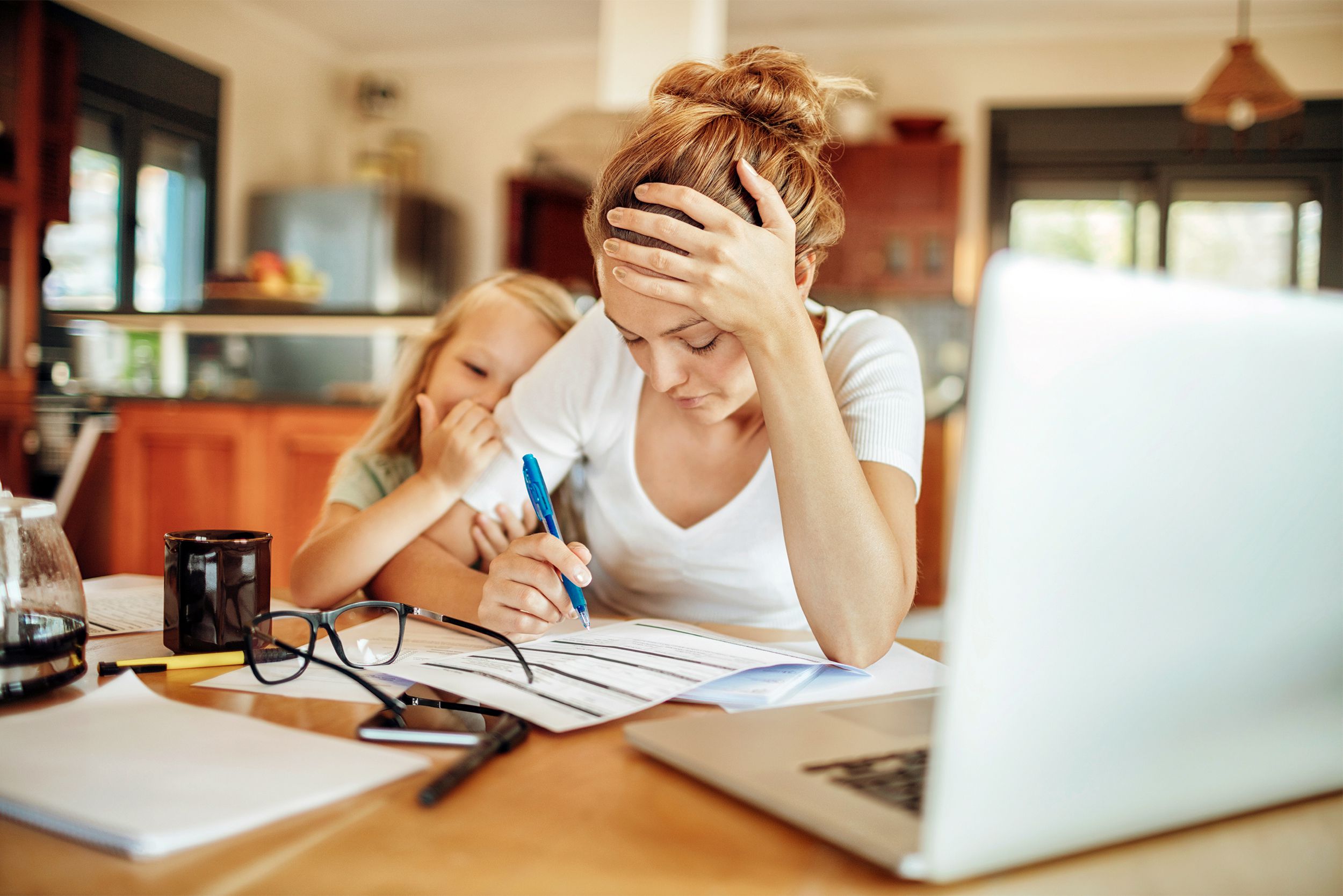 Stressed stay-at-home mom working